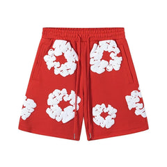 Denim Tears Cotton Wreath Graphic Shorts - Red / Relaxed Streetwear Fit
