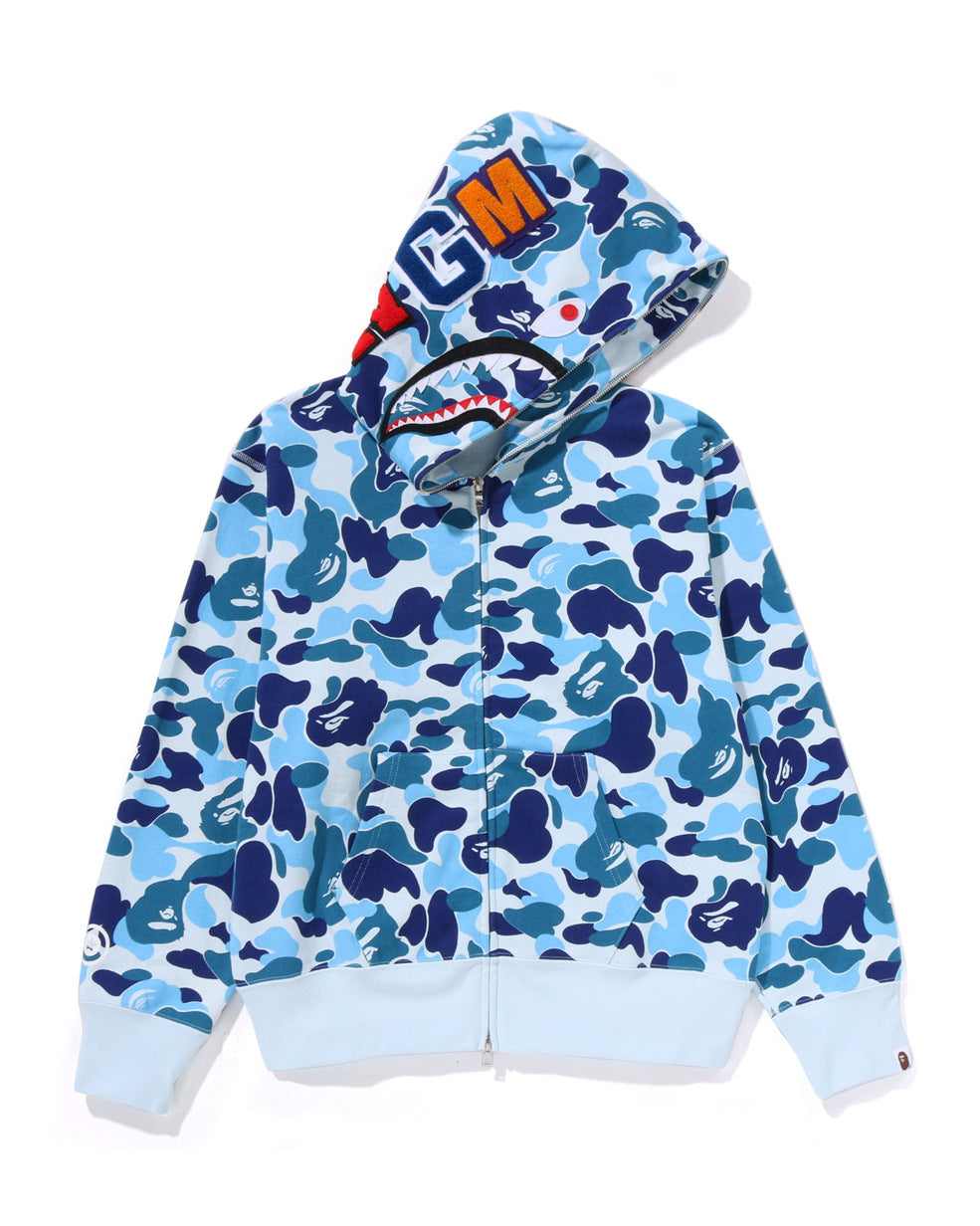 Cross border trendy brand BAPE monkey shark head full zipper cardigan jacket Y2K sweet cool style camouflage hooded sweatshirt (3)