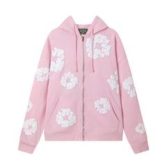 "Denim Tears" Pink Floral Pattern Full-Zip Hoodie