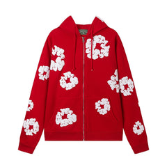 "Denim Tears" Red Floral Pattern Full-Zip Hoodie