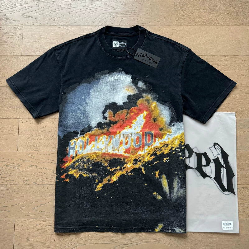Godspeed Hollywood Burning Apocalypse Graphic Tee Cotton Acid Washed Shirt