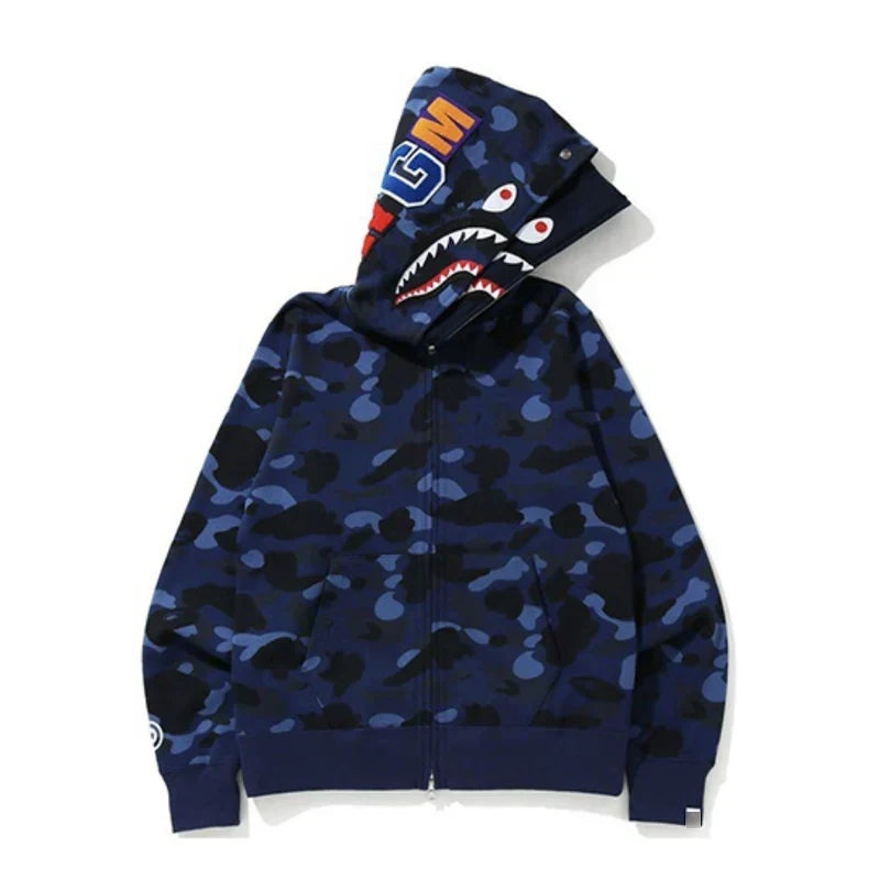 BAPE Style Camo Shark Full-Zip Hoodie - Blue