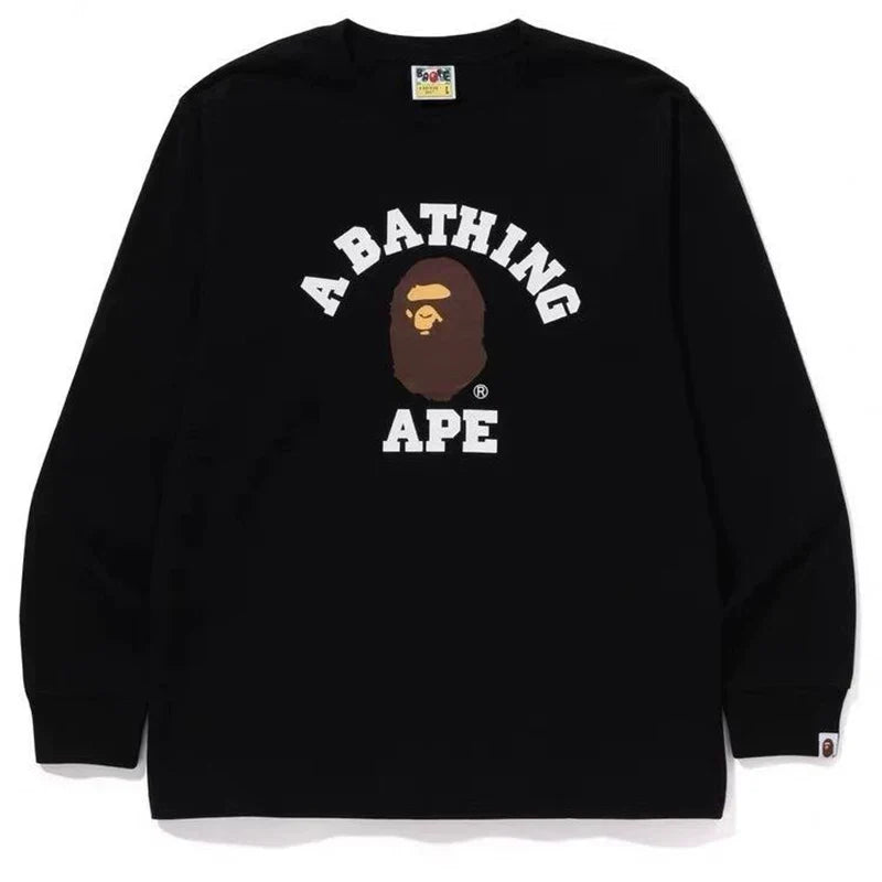 BAPE Style Collegiate Arc Logo & Ape Head Long-Sleeve Tee - Black