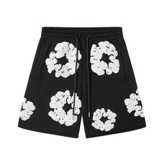 Denim Tears Cotton Wreath Graphic Shorts - Black / Relaxed Streetwear Fit