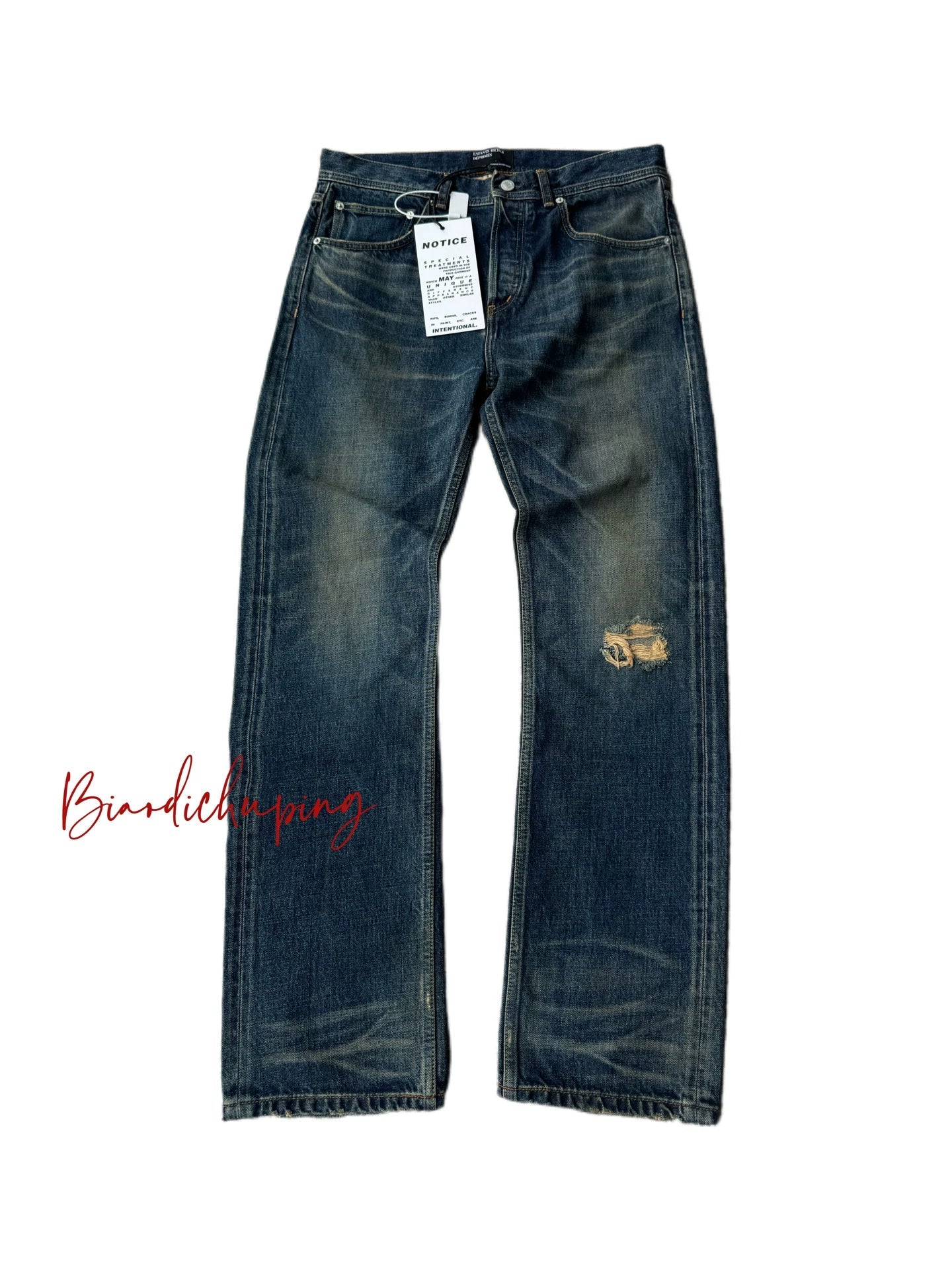Cousin produces ERD melancholic rich second-generation washed distressed vintage blue straight leg jeans