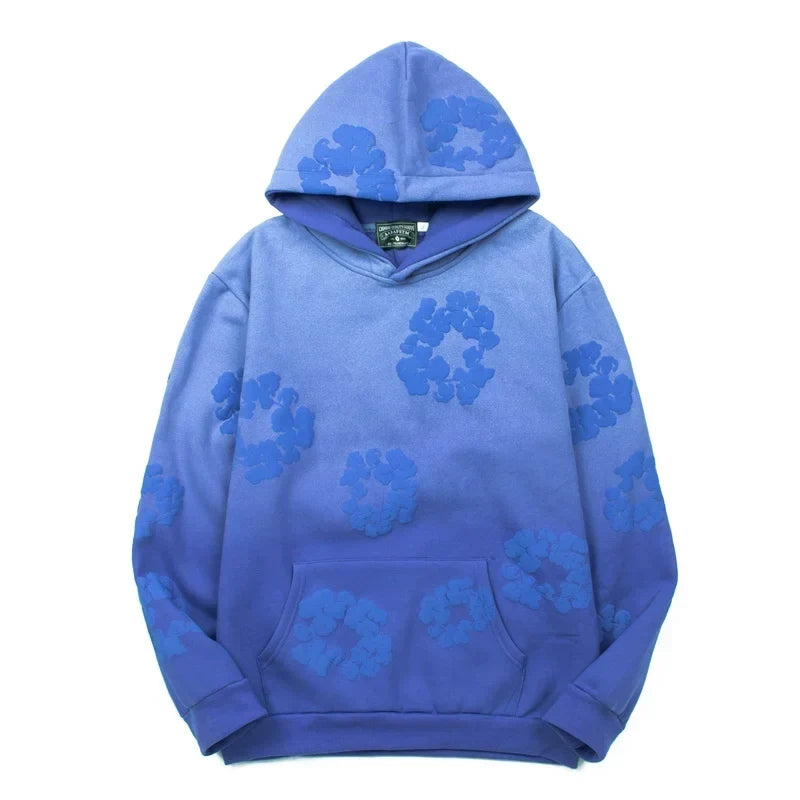 "Denim Tears" Blue Ombre Floral Pattern Oversized Hoodie