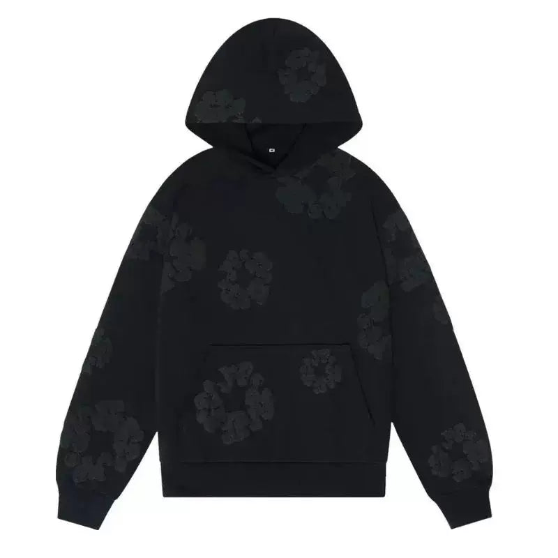 "Denim Tears" Black-on-Black Floral Pattern Full-Zip Hoodie