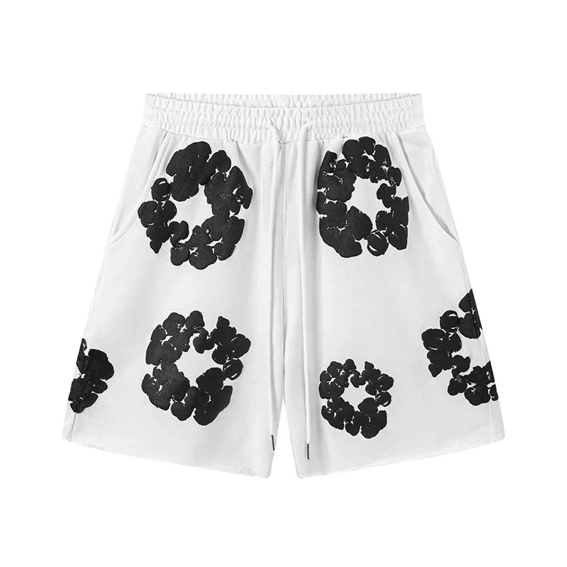 Denim Tears Cotton Wreath Graphic Shorts - White/Black / Relaxed Streetwear Fit