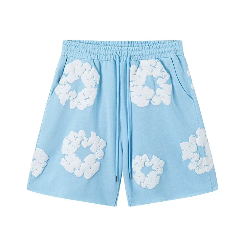 Denim Tears Cotton Wreath Graphic Shorts - Light Blue / Relaxed Streetwear Fit