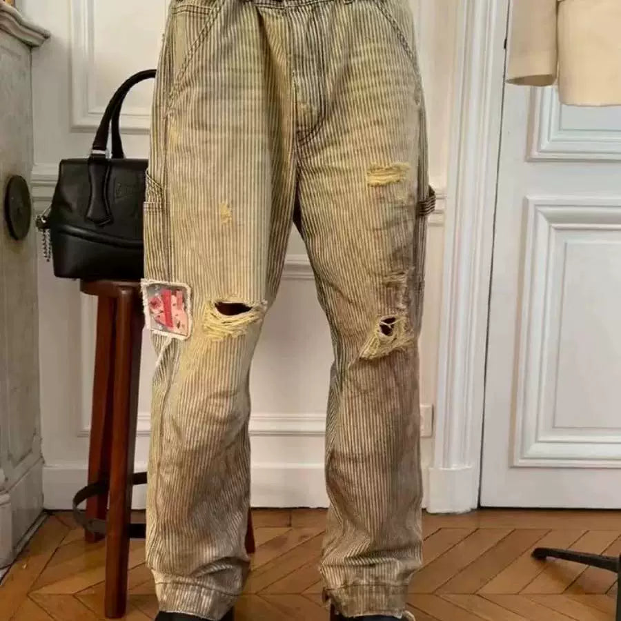 ERD's melancholic rich second generation doing old, destroying, mud dyeing, comic stickers, Kaha, American style logging, warehouse workwear, striped pants
